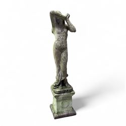 Cast stone garden statue figure, on plinth 