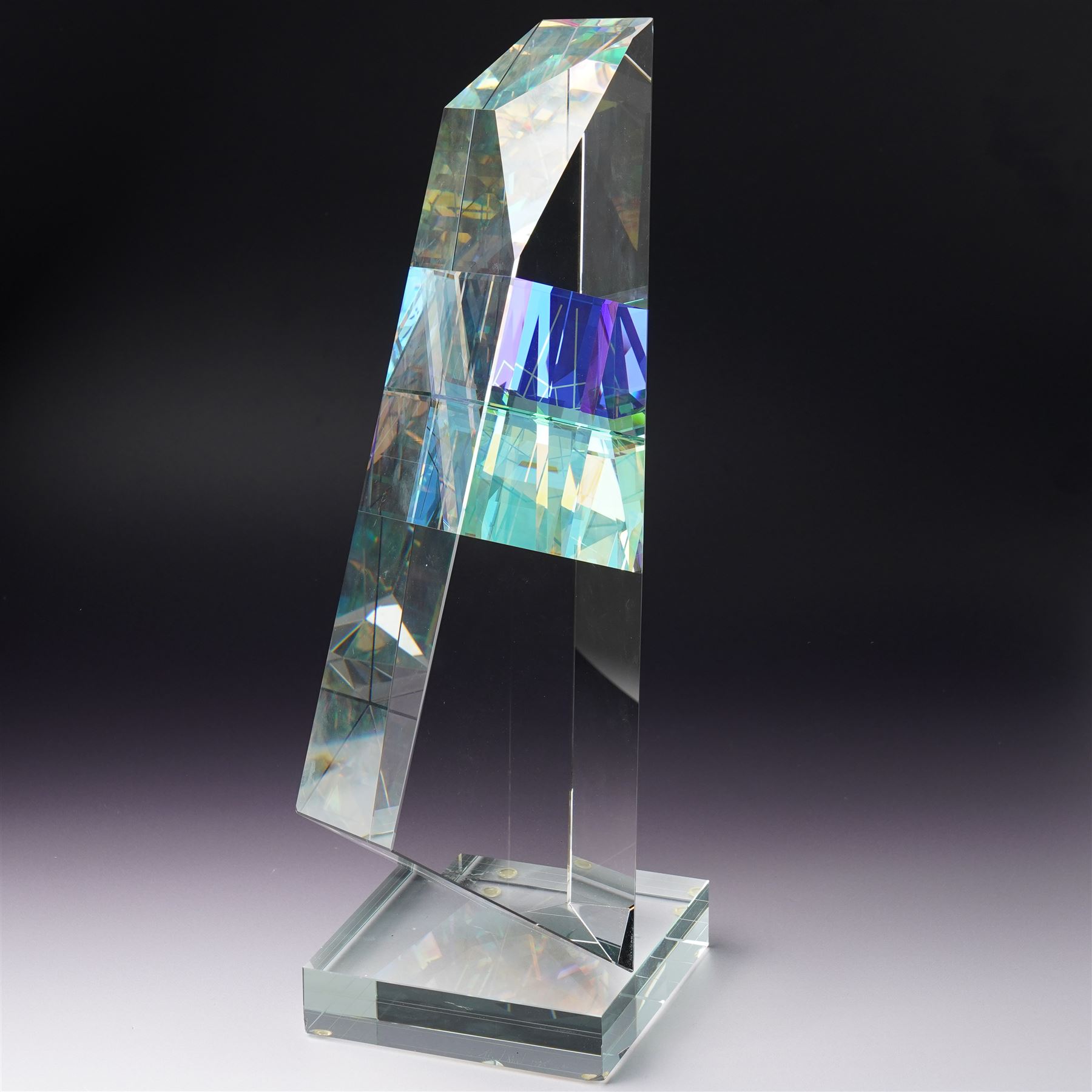 Toland Sand (American Contemporary): The Wedge - sculptural form made from cut, ground, polished and laminated optical glass with dichroic glass inclusions, signed and numbered 1225, 6-99. H39cm