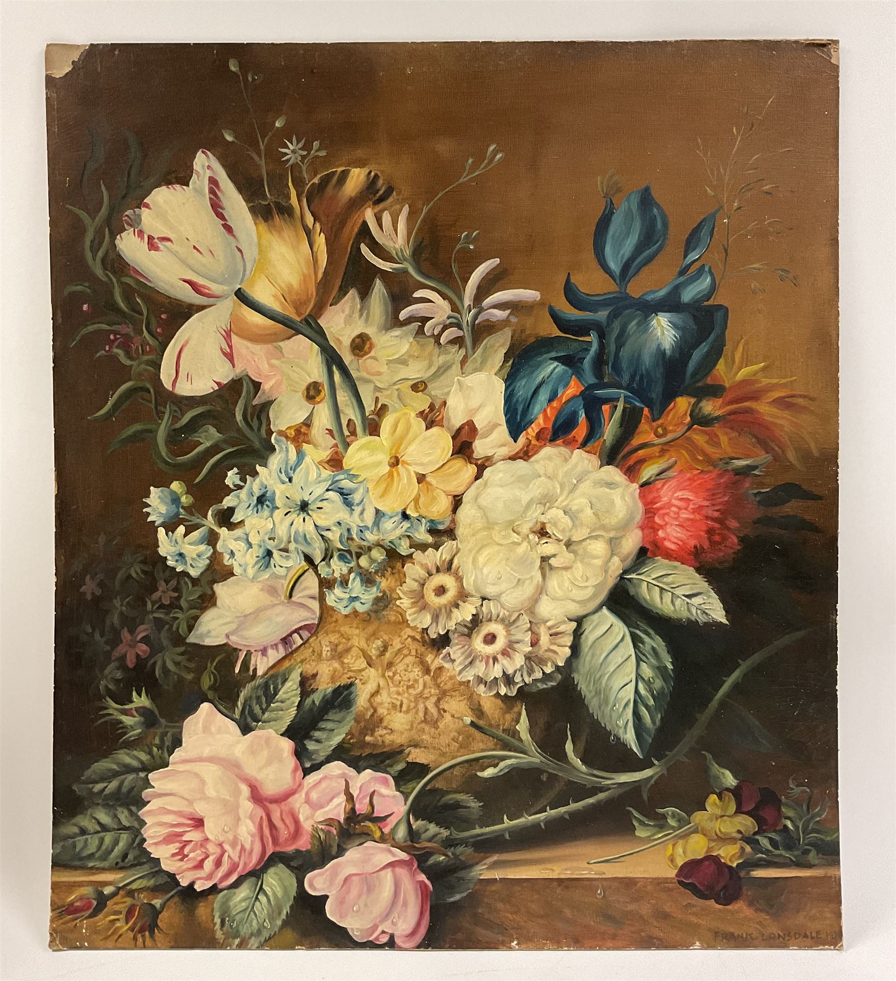Frank Lonsdale (Scarborough 20th Century): Floral Still Lifes, pair oils on canvas board signed and dated 1970 and 1968, 72cm x 63cm (unframed) (2)