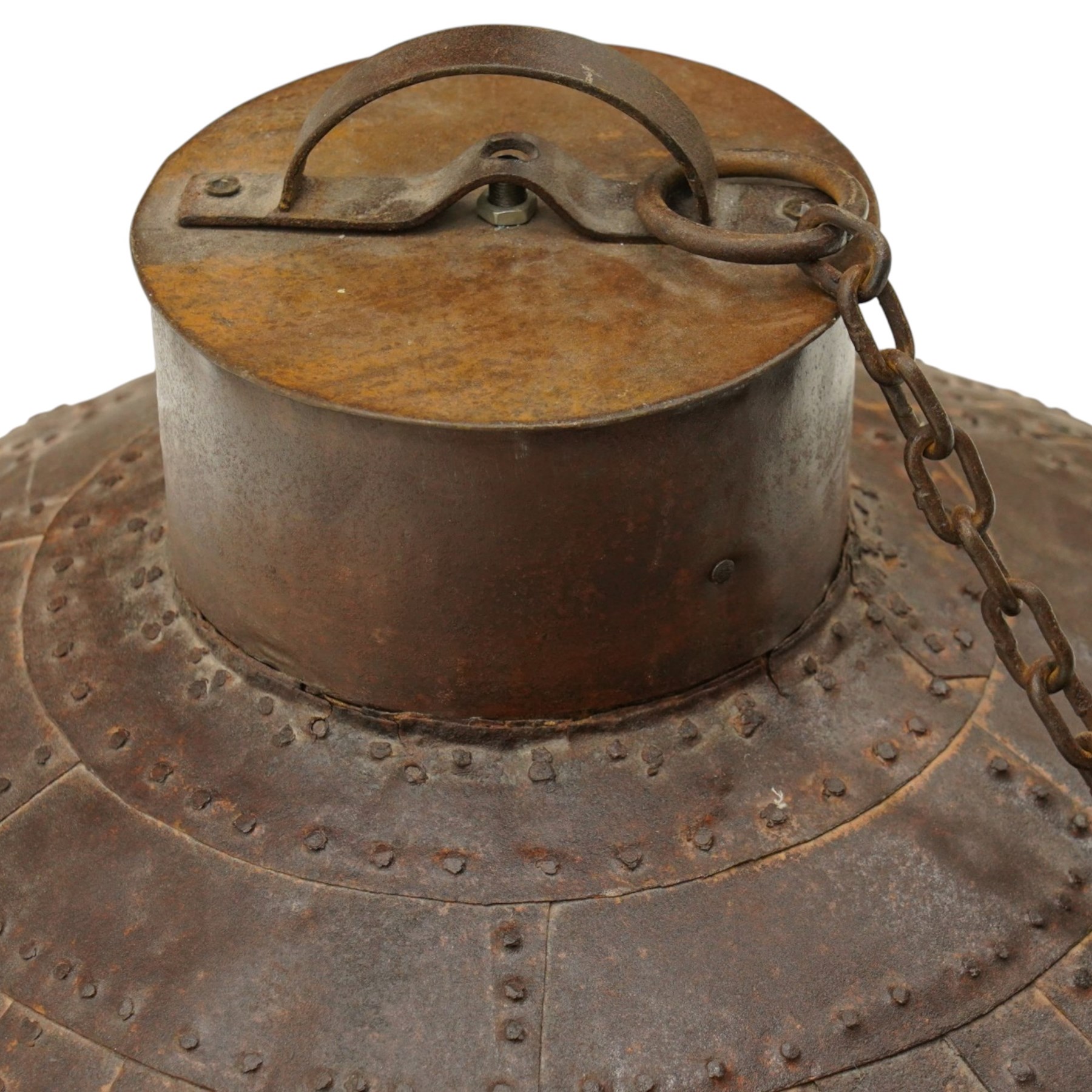 19th century and later Indian wrought iron riveted strapwork light fitting shade, modelled on a water vessel, with wrought iron hanging chain