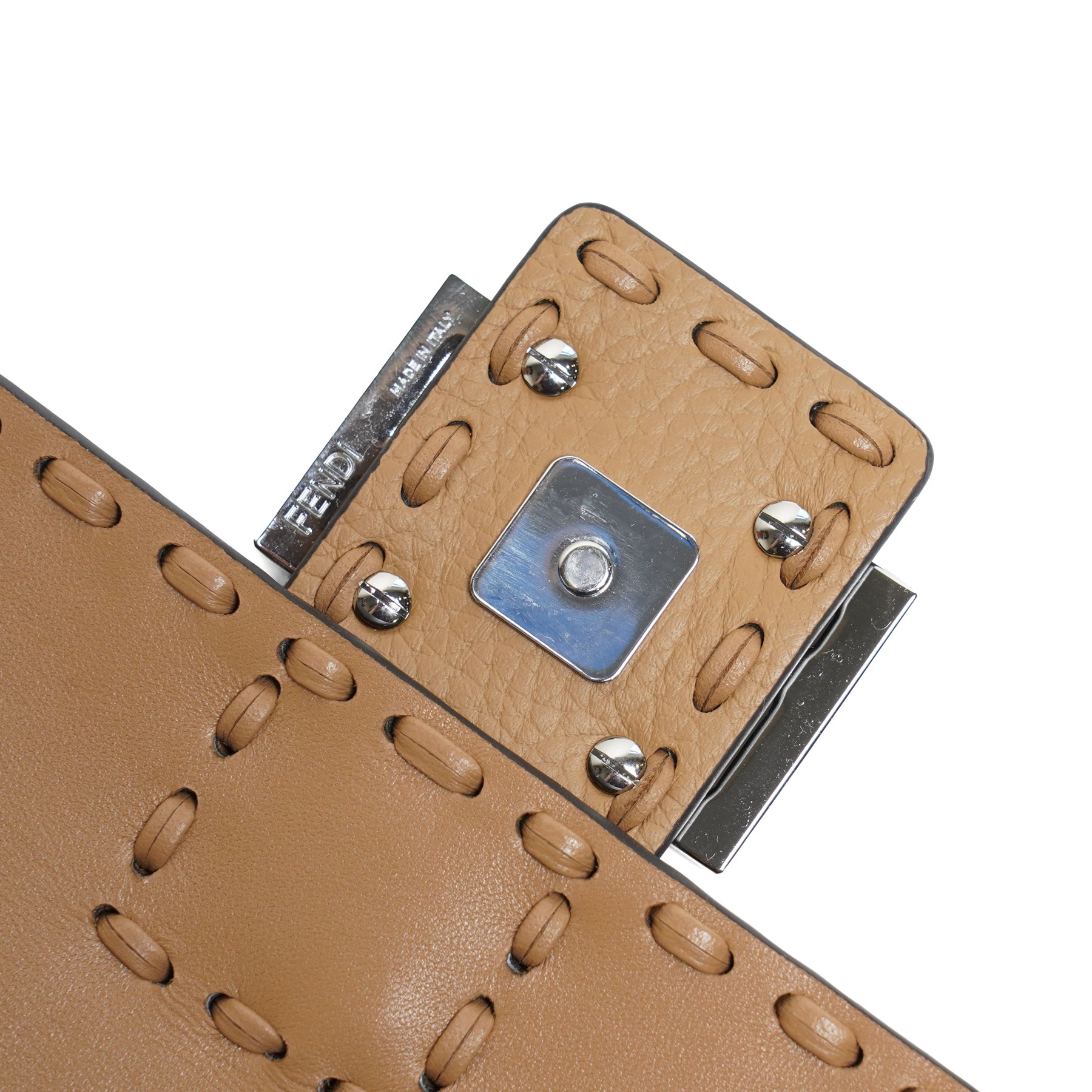 Fendi - Selleria Baguette shoulder bag, tan grained leather with hand-stitched detailing, palladium-tone FF buckle fastening, detachable leather top handle and shoulder strap, with authenticity card, dust bag and box