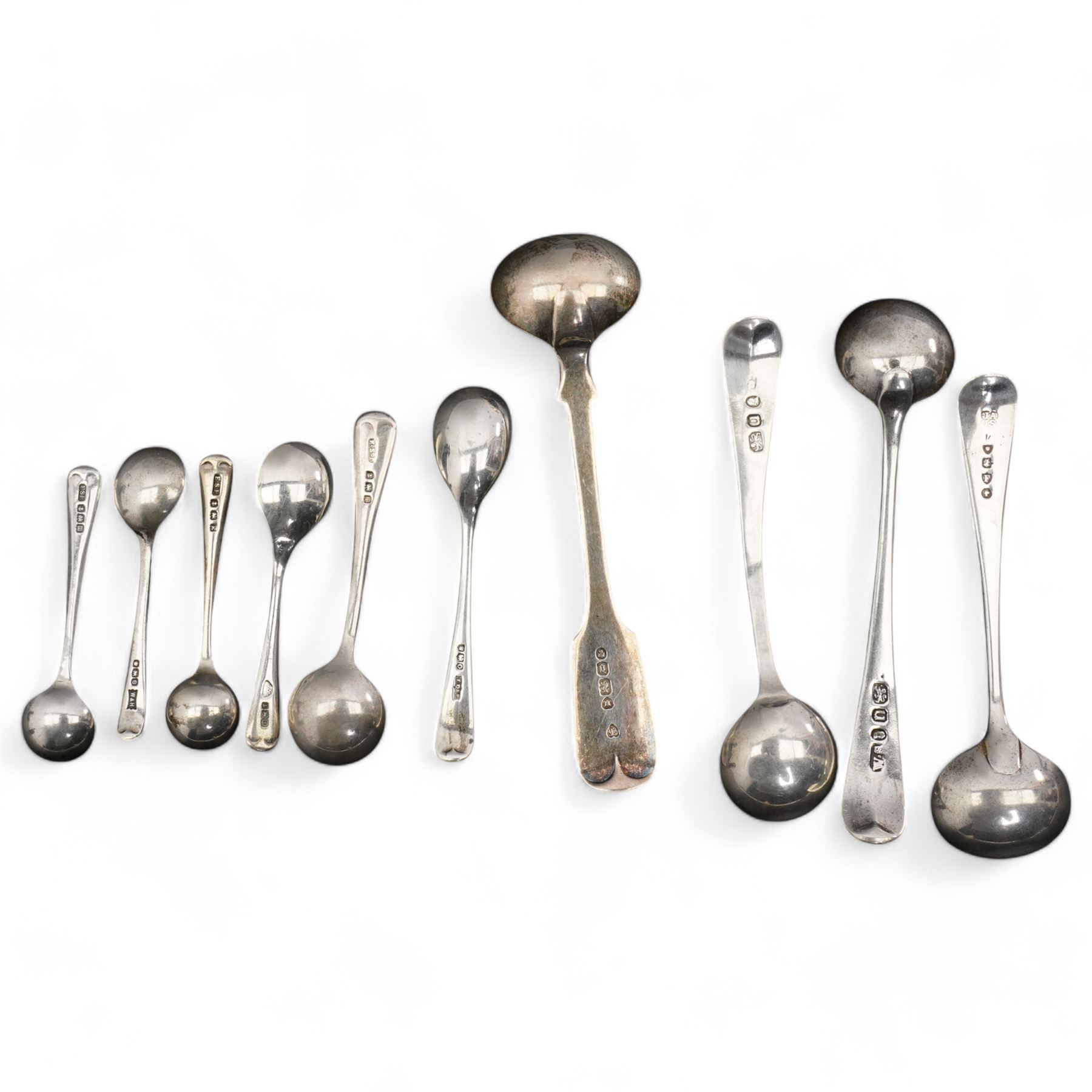 Four 19th century salt spoons and six small silver condiment spoons