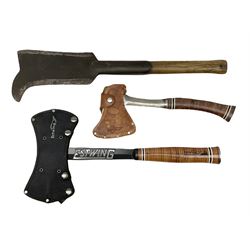Estwing Black Eagle style double bit throwing axe with leather grip, virtually mint with labels present, plastic blade protectors and nylon sheath L43cm; another smaller Estwing axe stamped 24A to the pommel, with leather grip and sheath; and a vintage short handled hedge knife, the blade stamped IH (?) No.2 (3)