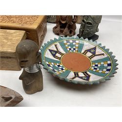 Two Greek Kerameikos plates together with a Kepamik plate and other Grecian style ceramics, carved African figures and treen, boxes etc 