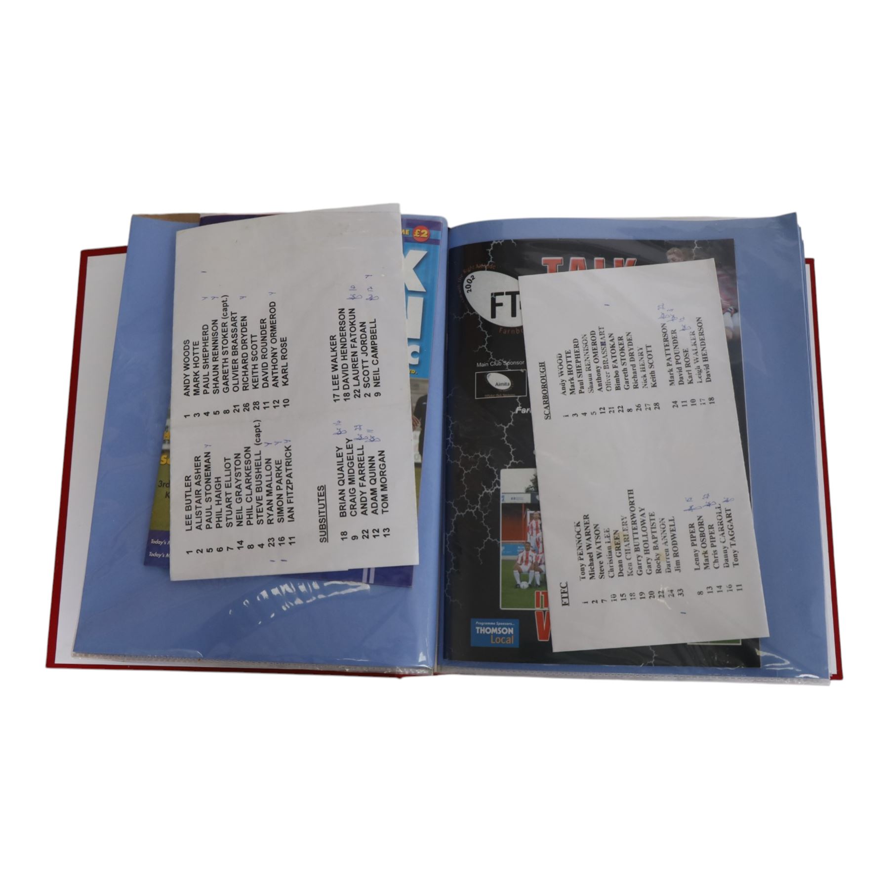 Comprehensive collection of approximately two hundred and twenty Scarborough FC football programmes for the 1999/00, 2000/01, 2001/02 and 2002/03 seasons, all filed within eight dedicated Scarborough FC red Home and Away binders