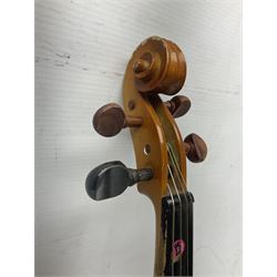 Four Chinese graduated violins - full size with 35.5cm two-piece back; three-quarter size with 33.5cm two-piece back; half size with 31cm two-piece back; and quarter size with 27.5cm two-piece back; all cased except full size; one with bow (4)