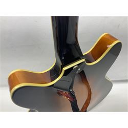 DeArmond Guild Star Fire Custom semi-acoustic guitar c2009 with tobacco sunburst finish and USA DeArmond gold foil pick-ups; serial no.KC9091266; L104cm; in Spider carrying case