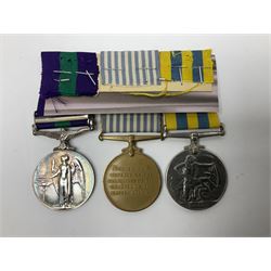 Korean War group of three medals comprising ERII Korea Medal awarded to 22307852 Pte. M. McGill R.A.M.C., UN Korea Medal and ERII General Service Medal with Malaya clasp to 22307852 Cpl. M. McGill R.A.M.C.