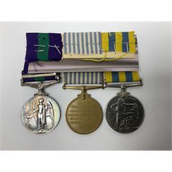Korean War group of three medals comprising ERII Korea Medal awarded to 22307852 Pte. M. McGill R.A.M.C., UN Korea Medal and ERII General Service Medal with Malaya clasp to 22307852 Cpl. M. McGill R.A.M.C.