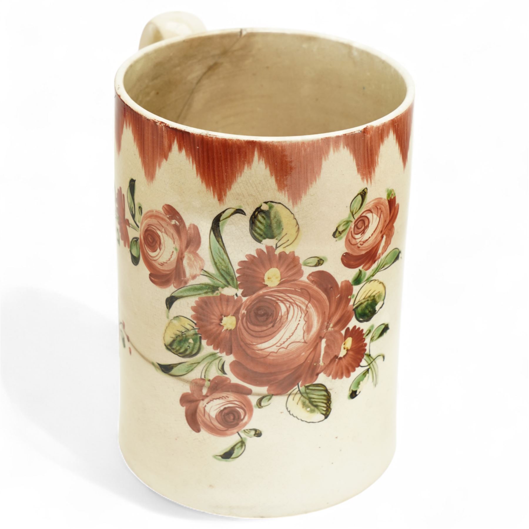 18th century Creamware tankard, decorated with sprigs of roses, H15cm