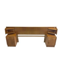 G-Plan - 'Brandon' oak headboard with open shelves to each side (W222cm H86cm), with two matching bedside cupboards, fitted with single drawer over cupboard (W37cm H53cm)
