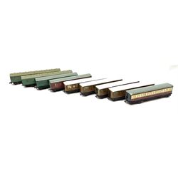 Hornby Dublo - nine unboxed coaches including four LNER teak style for First/Third and Third class, Southern Railway etc; and another part coach for assembly (10)