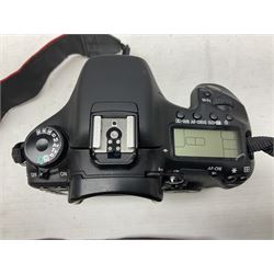 Canon Eos 7D camera body, serial number 3261306344, with 'Canon Ultrasonic EF 24-105mm Macro 0.45m/1.5ft Ultrasonic' Lens, 'Canon Zoom EF 75-300, 1;4-5.6 III' lens and Teleplus Pro 300 lens, together with tripod and original camera box 