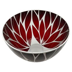 Gillies Jones of Rosedale glass bowl decorated with red leaves with white rim,  upon a short clear tapering foot, signed to base, H14cm D14.5cm