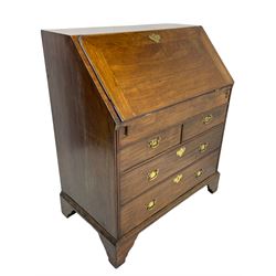 Georgian red walnut and mahogany bureau, moulded rectangular fall front with rounded upper corners, the interior fitted with sliding storage well, a combination of small drawers and pigeons holes, two short and two long drawers below, on bracket feet