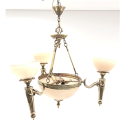  Mid century cast brass centre light fitting, three torch shaped lights with frosted glass shades and matching central shade, L63cm   