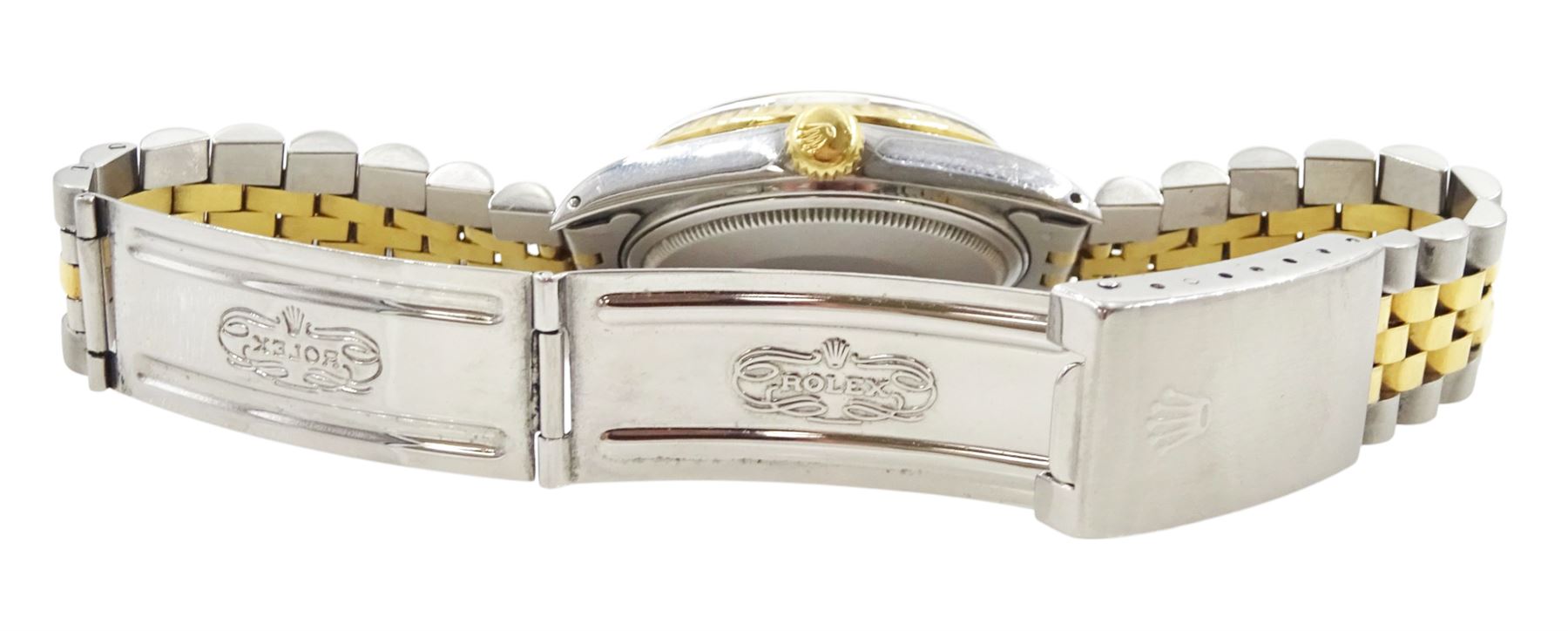 Rolex Oyster Perpetual Datejust gentleman's gold and stainless steel automatic wristwatch, circa 1987, Ref. 16253, serial No. 9871038, white dial with Roman numeral hour markers and date aperture, on gold and stainless steel Jubilee bracelet, with fold-over clasp