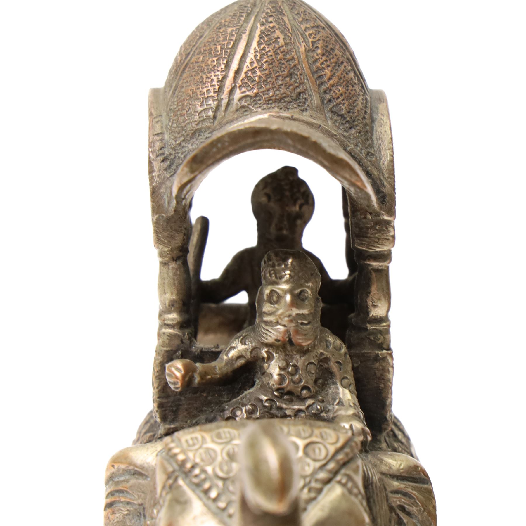 Asian bronze koro with raised decorative panels, two Indian elephants and one other Indian item