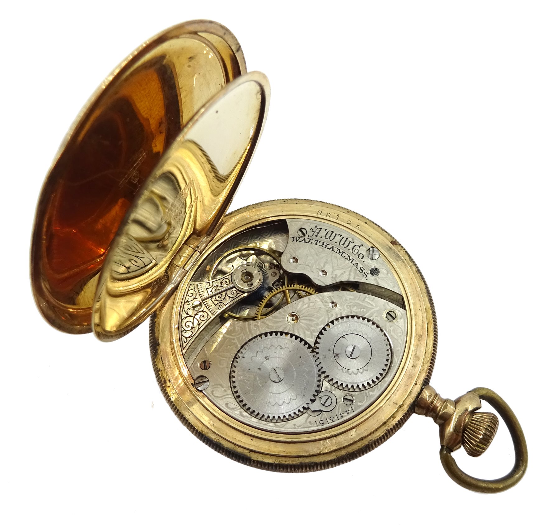 Waltham U.S.A Traveller gold-plated pocket watch, top wind, movement No.18748715, case by Dennison and a Waltham Mass gold-plated full hunter pocket watch No. 1441315, case by Keystone