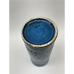 Aldo Londi for Bitossi , an Italian Rimini Blu vase, of cylindrical form decorated with incised geometric bands, with painted marks beneath, H25.5cm. 