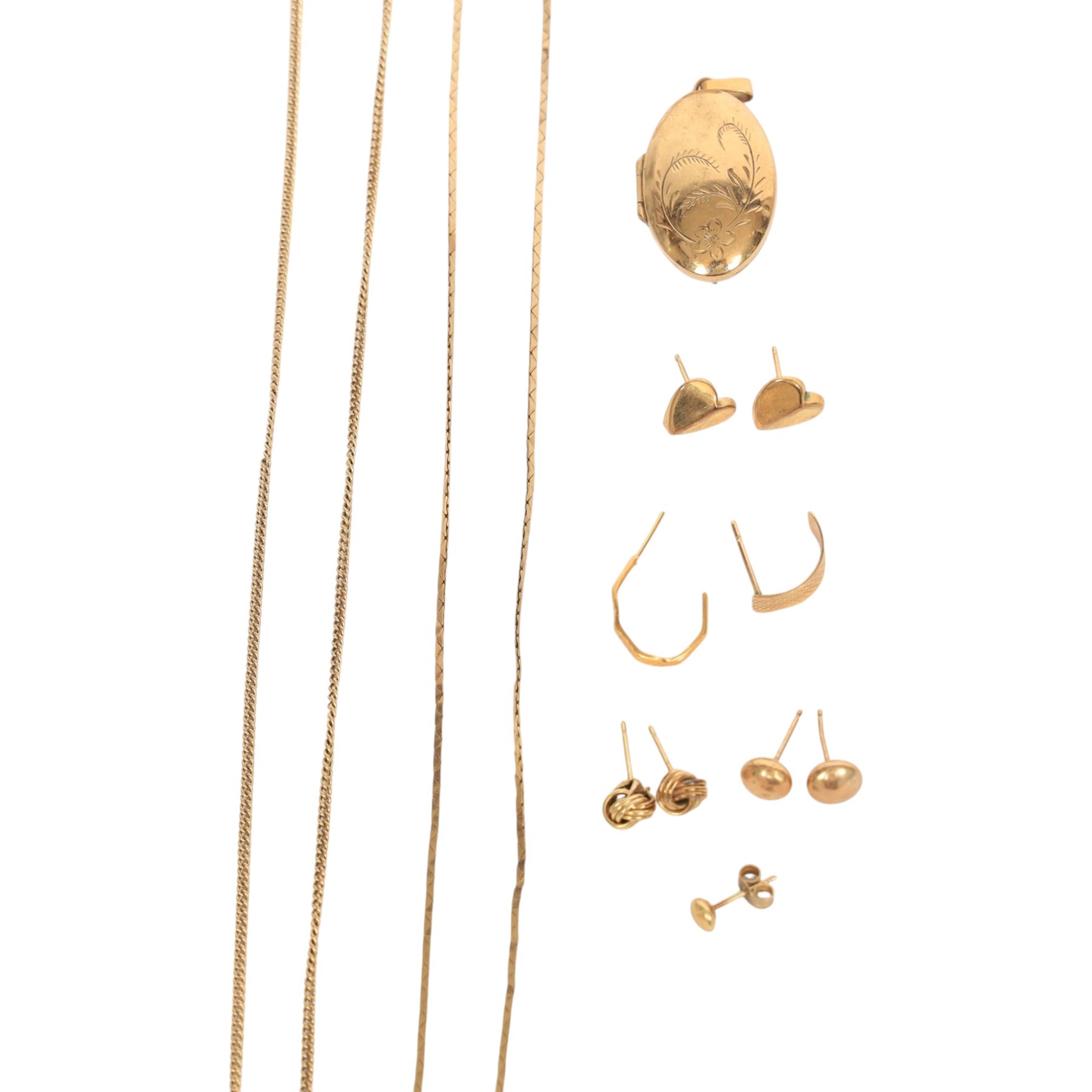 9ct gold jewellery, comprising signet ring, three pairs of stud earrings, single earrings, locket and two chains
