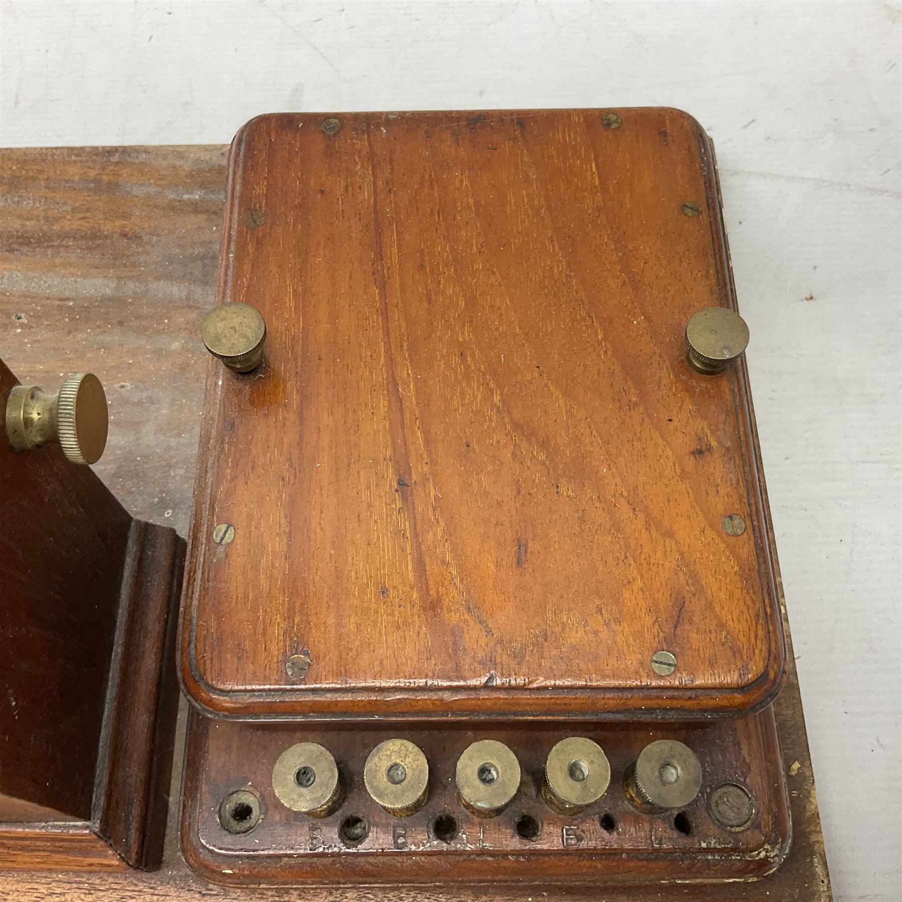 Railway signal boxes, mounted on plinth, with railway block indicators for Up Line and Down Line, having an electromagnetic indicator showing 'Train on Line' 'Line Clear' and 'Line Blocked', and brass signal bell to the centre, L100cm