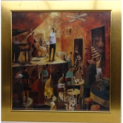  'Red Jazz', contemporary colour print titled verso 79cm x 79cm in gilt frame  