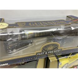 Two Bburago 1:18 scale die-cast models - Volkswagen New Beetle 1998 and Volkswagen Kafer-Beetle 1955; Corgi CC99109 Cooper 'S' three-piece set on dashboard stand; Saico 1956 Morris Minor 1000 limited edition twin-pack; and Corgi limited edition 59564 Guinness Scania Tanker and Drop-side lorry set; all boxed (5)