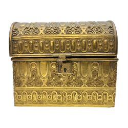 19th century brass repoussé perfume box, the ornately decorated casket with hinged domed cover lifting to reveal gold velvet lined interior containing three glass scent bottles, H14cm W15cm D7cm