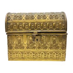 19th century brass repoussé perfume box, the ornately decorated casket with hinged domed cover lifting to reveal gold velvet lined interior containing three glass scent bottles, H14cm W15cm D7cm