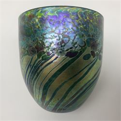 Jonathan Harris glass vase decorated with iridescent tonal spots and flowers over a mottled green iridescent ground, with label and signature beneath and original box, H11cm