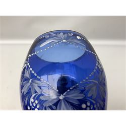 Pair of Victorian cobalt blue glass cups with gilt and painted decoration, entitled Hope's the Balm of Life and Love me as I Love Thee, H8.5cm