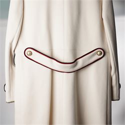 Gucci - bee embroidered wool single-breasted military coat, from the Autumn/Winter 2017 collection under Alessandro Michele, in ivory, with stand collar, red and navy trim, pearlescent and gold-tone button fastening and embroidered bee detailing to the collar, size 14, unused with original garment bag and tags