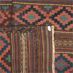 Group of four late 20th century wool kilim rugs, comprising a narrow tribal runner with stylised tree motifs and hooked guard bands (H 180cm, W 56cm), a lozenge medallion rug with decorative striped ends (H 125cm, W 75cm), a red and blue kilim with trefoil repeat field and multicoloured border bands (H 187cm, W 98cm), and a wide horizontal striped example with alternating lozenge and linear motif rows (H 260cm, W 173cm)