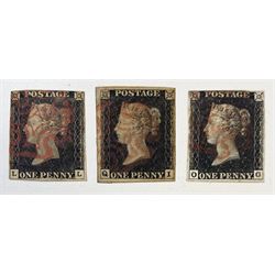 Three Great Britain Queen Victoria penny black stamps, all with red MX cancels 