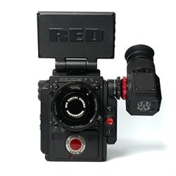 RED Epic-W Helium 8K camera body serial no. 13024E6A9, with RED EVF, three RED Mini Mag 512GB cards, one 480 Mini Mag card and reader, two RED V-Mount batteries and charger, RED top handle, Wooden Camera Easy Top top plate and one other top plate, various accessory cables, Wooden Camera bridge plate for 19mm studio rods, 12 inch Wooden Camera Dovetail plate and four 19mm studio rods to include two 380mm and two 610mm, with original Epic-W camera box and contained within a custom cut flight case