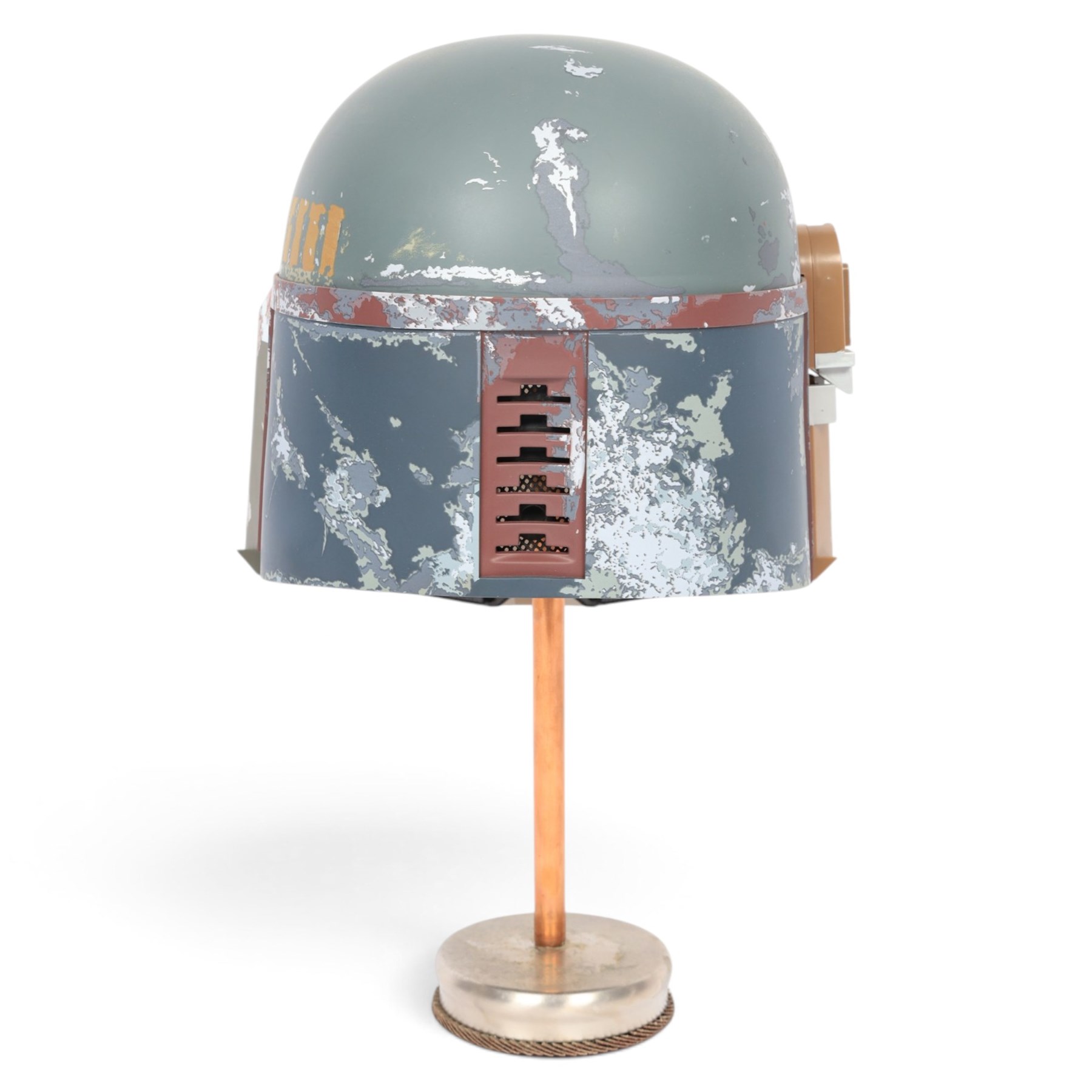 Hasbro Star Wars Black Series Boba Fett 40th Anniversary 1:1 scale helmet, on a metal display stand, helmet H28cm