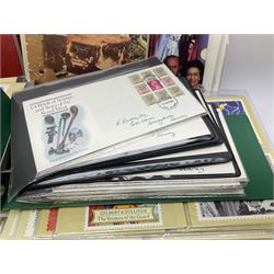 First day covers, PHQ cards and stamps, including small number of mint Queen Elizabeth II stamps, Elizabeth and Philip Diamond Wedding Anniversary 2007 Gibraltar two pound coin cover etc, in one box