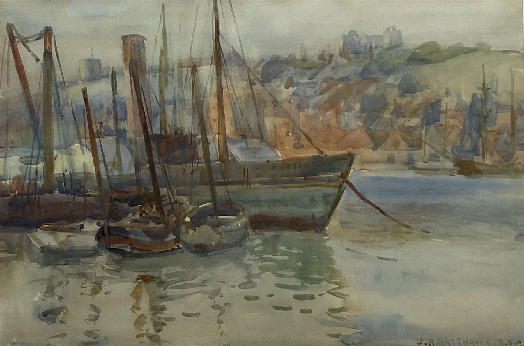 Joseph Richard Bagshawe (Staithes Group 1870-1909): Paddle Steamer and Fishing Boats moored in Whitby Harbour, watercolour signed 34cm x 51cm