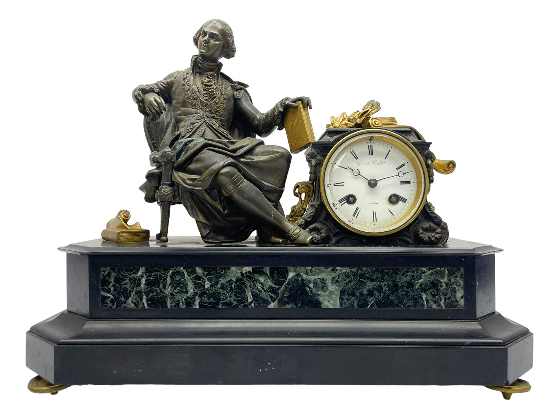 French - 19th century Belgium slate and marble 8-day mantle clock c1860, surmounted with a cast brass figure of the French poet  Ernest Legouve, holding a copy of his collection of poems 