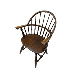 19th century oak Windsor chair, hoop and stick back with scrolled arm terminals, raised on turned supports united by H-stretcher