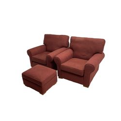 Multiyork - traditional three seat sofa upholstered in claret red fabric (W200cm H80cm); and pair matching armchairs (W103cm) 
