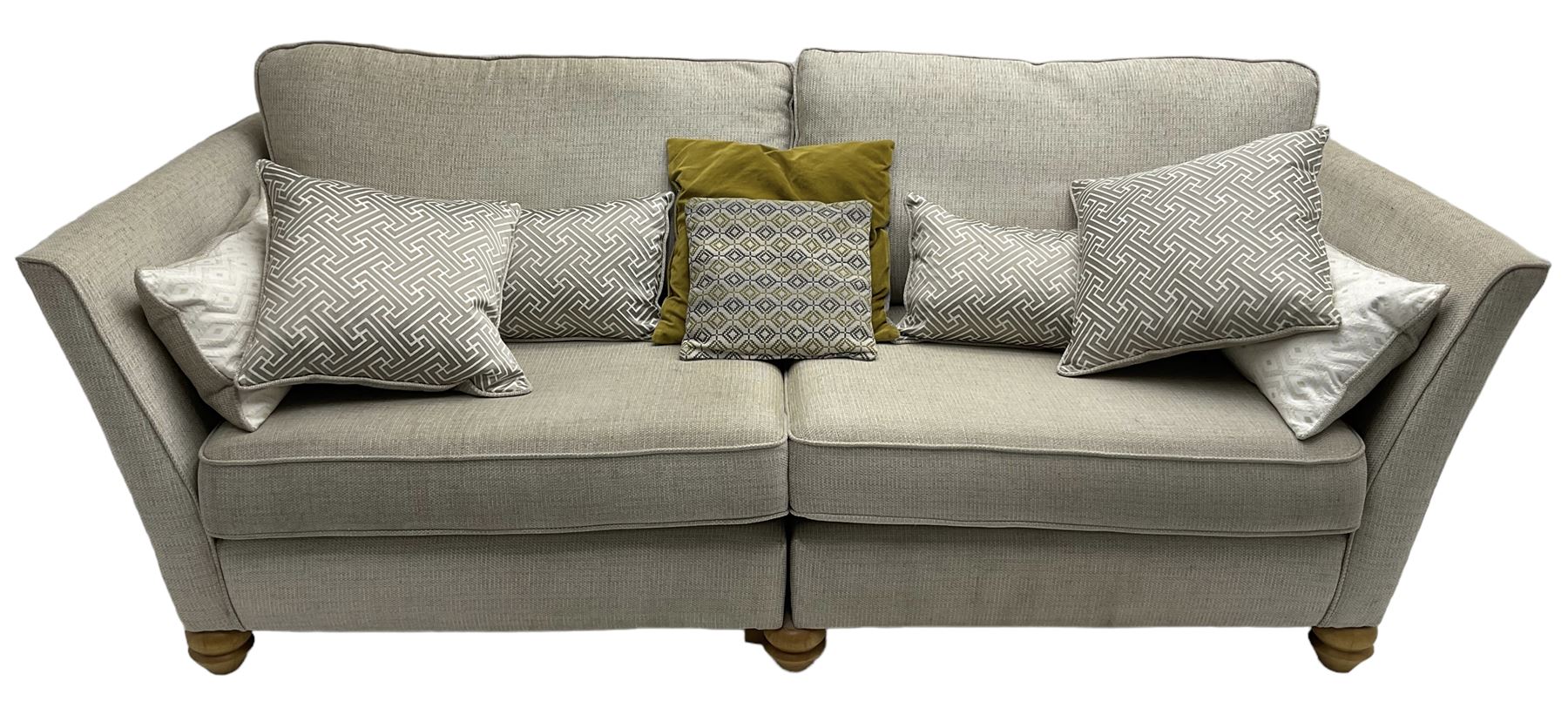 Oak Furnitureland - three-piece lounge suite upholstered in grey fabric, large three-seat sofa (W238cm, D106cm), two-seat sofa (W209cm), and snuggler sofa (W129cm)