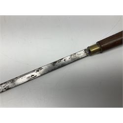 Leather covered swagger/sword stick with 40cm steel blade L62cm overall; another ash sword stick with 30cm diamond section steel blade; pair of fencing foils, the blades marked Solingen; two reproduction flintlock pistols; and 92cm inert cartridge belt (7)