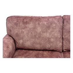 Contemporary Alstons ‘Memphis’ sofa bed, upholstered in ‘Dusk Velvet’ polyester blend, featuring broad arms, two seat cushions, and a concealed fold-out metal action bed with mattress