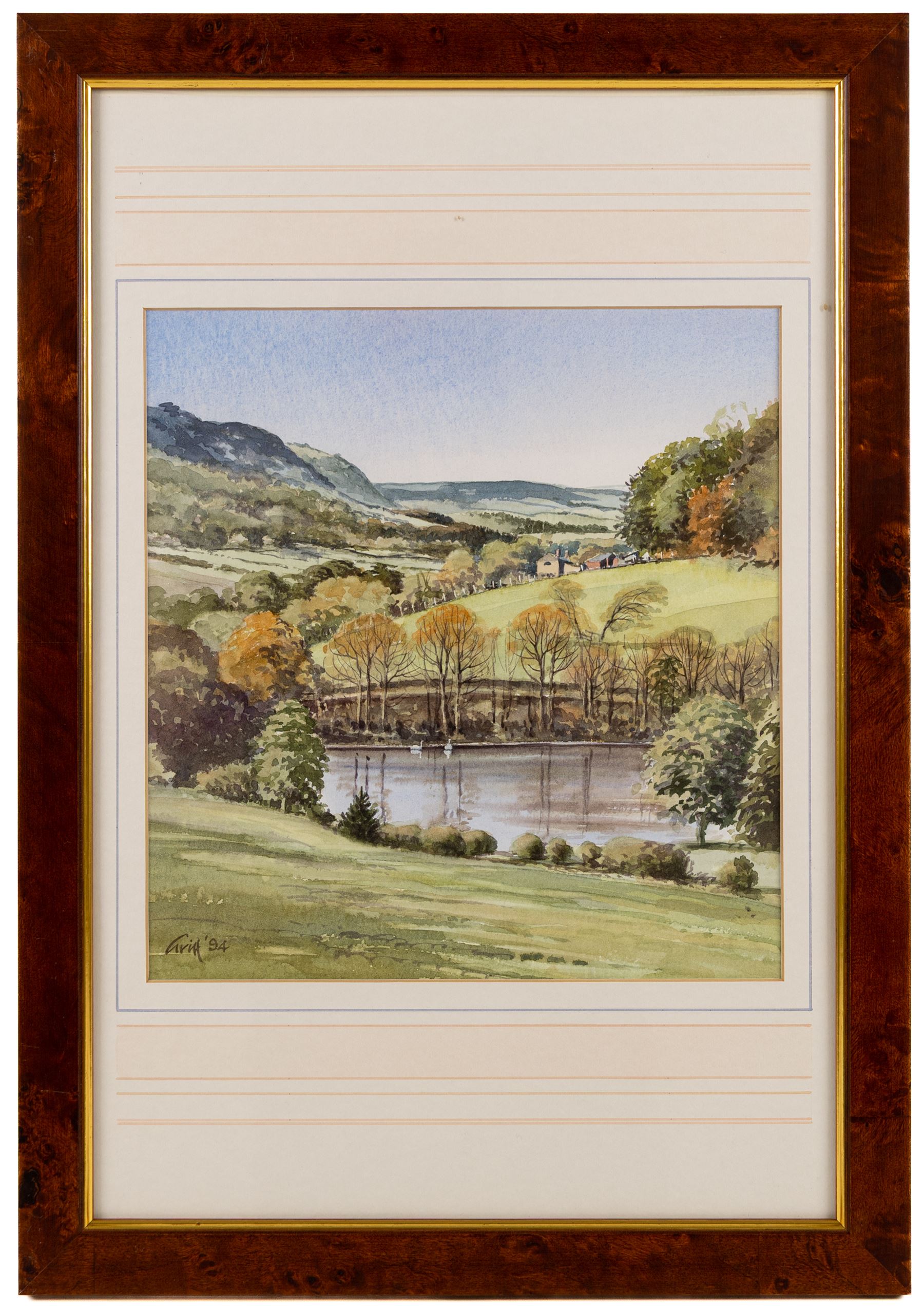 George 'Griff' Griffiths (British 1939-2017): 'Hackness Church from Hackness Park' 'Hackness Hall Lake Towards Langdale End' and 'Hackness Hall', triptych of watercolours signed Griff and dated '94, max 26.5cm x 54cm (3)