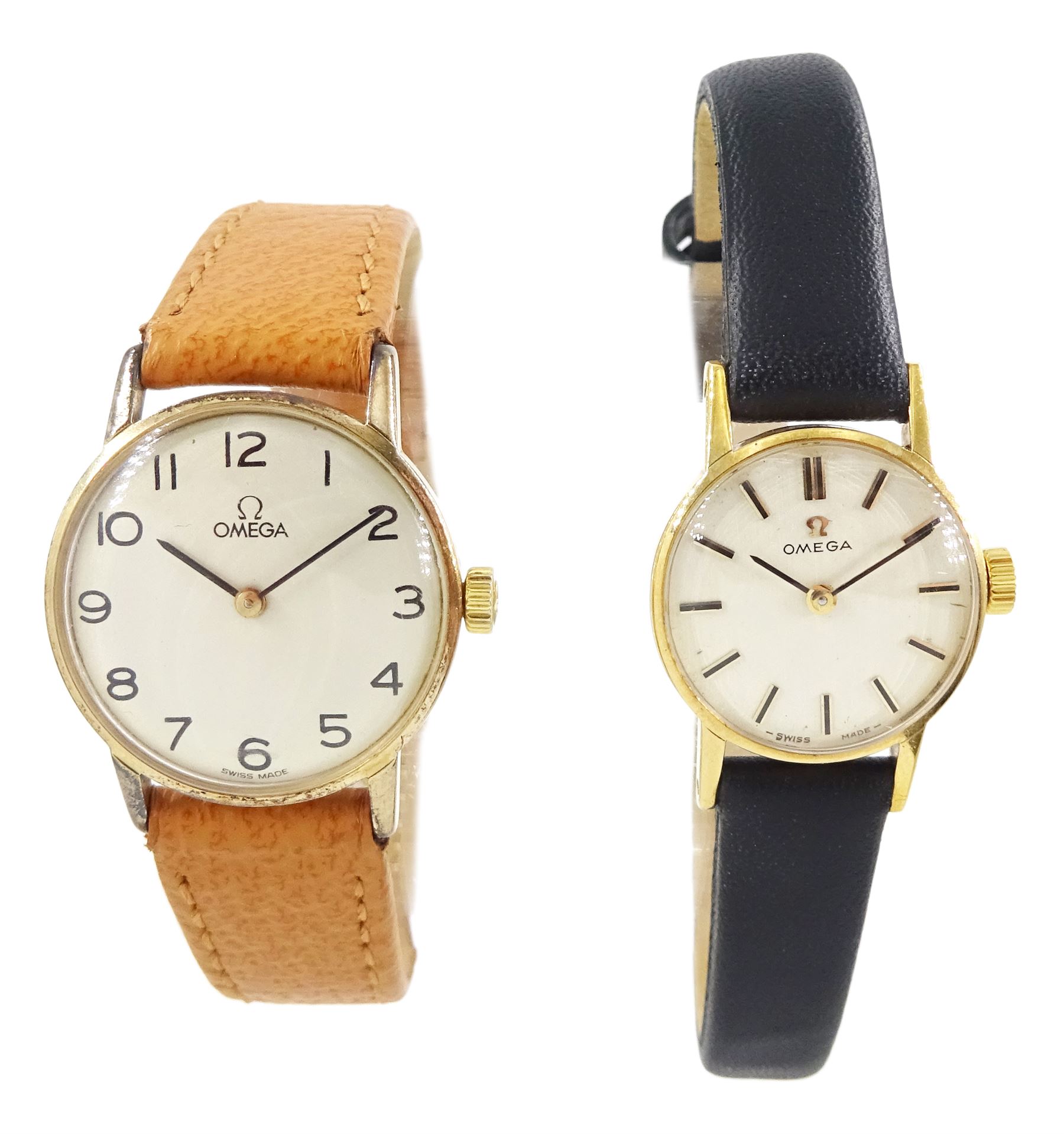 Two Omega ladies 9ct gold manual wind wristwatches, on leather straps, both with repair warranty cards dated 2012 and 2013, both cased