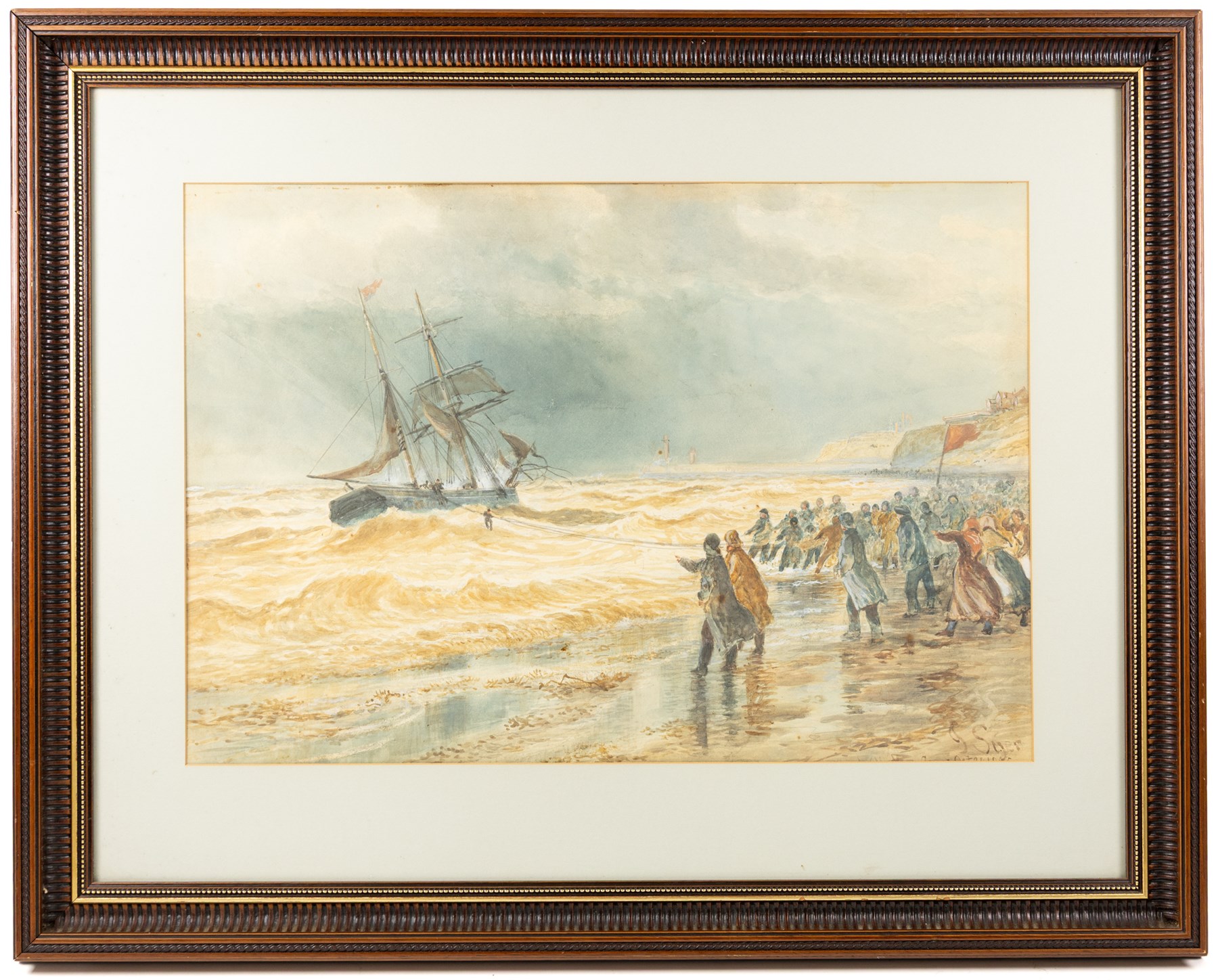 John C Syer (British 1844-1912): Rescuing a Ship at Upgang near Whitby, watercolour signed, indistinctly titled beneath the mount 46cm x 67cm