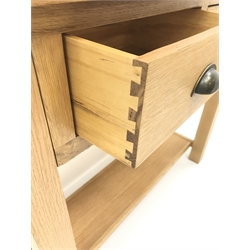  Light oak side table, two drawers, square supports joined by an undertier, W86cm, H75cm, D32cm  