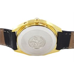 Omega Seamaster gentleman's gold-plated and stainless steel quartz wristwatch, Ref. 196.0126, Cal. 1345, black dial with baton hour markers and day - date aperture, on Omega black leather strap with buckle, boxed with Omega repair receipt dated 2023